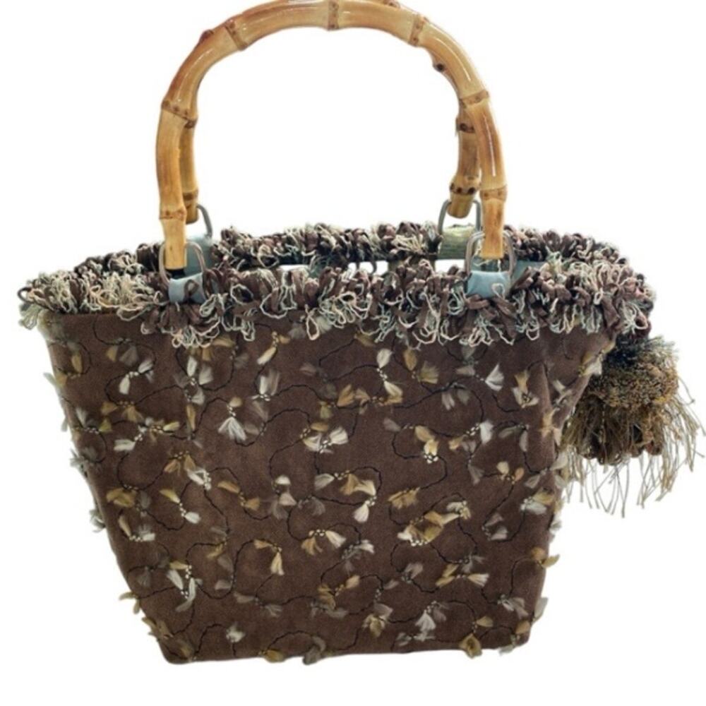 Vintage 80s Wooden Handles Boho Lula Belle Purse‎ Retro Natural Earthy Fringe